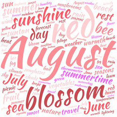 August word cloud in shape of square on white background. Seasons concept.