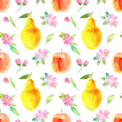 Seamless pattern with apple,pear and flower.Food picture.Watercolor hand drawn illustration.White background.
