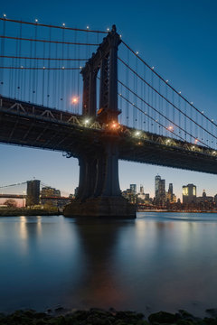 Manhattan and Brooklyn Bridges and skyline, New York, USA