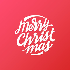 Merry Christmas hand written lettering circle. Modern brush calligraphy for greeting card, poster, photo overlay. Isolated on red background. Vector illustration.