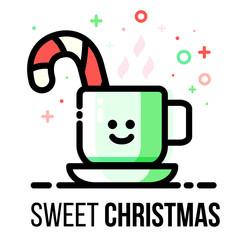 Vector christmas greeting card. Hot winter drink mug with candy cane. Sugar stick in steaming cup. Flat line style. New year festive design.