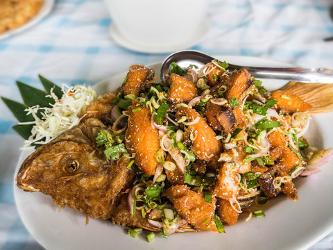 fried spicy fish with herb, delicious Thai food