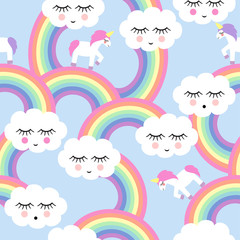 Seamless pattern with smiling sleeping clouds and rainbows for kids holidays. Cute baby shower vector background. Child drawing style. - 125818518