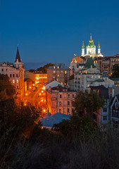 Evening view of Andriyivsky Descent and St. Andrew's Church, Kiev, Ukraine