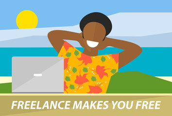 Happy black man working on a laptop, freelancer on the beach working on a computer, flat design vector illustration