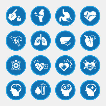 obesity related diseases icons with blue circle button