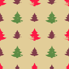 Abstract seamless pattern with Christmas trees in grunge style with scratches, vector  illustration
