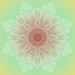 White mandala on colorful background. Decorative ornamental element. Vector illustration