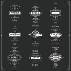 Set of creative vector templates for logos, label or banners on the theme of quality and business in vintage style. Flourishes calligraphic elements. Design frame and page decor
