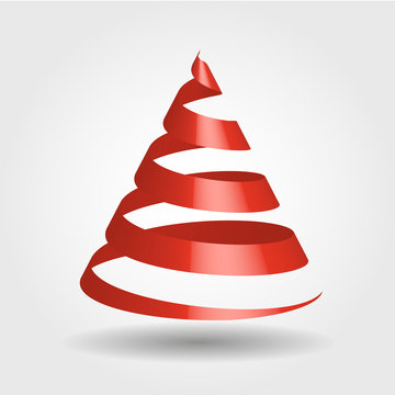 Simple red ribbon in a shape of Christmas tree. Merry Christmas theme. 3D vector illustration with dropped shadow and gradient background.