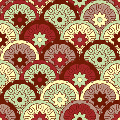 Seamless pattern with mandalas in beautiful colors. Vector background