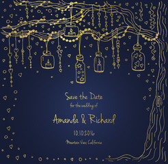 Unique vector wedding cards template with hand drawn tree decorated with lantern, hearts, candle, garland, Christmas eve invitation. Save the date. Bridal design gold and blue texture, natural style.