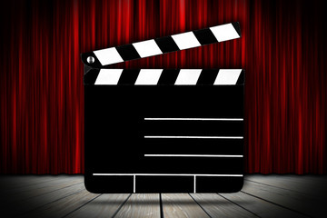 cinema voucher pattern black clapperboard in front of stage with red theater curtain / Film Kino Gutschein Vorlage Filmklappe Regieklappe auf bühne mit Vorhang rot - obrazy, fototapety, plakaty