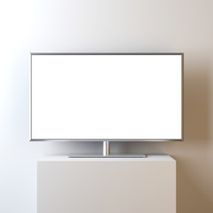 Flat Smart TV Mockup with blank white screen on stand, realistic Led TV, 3d rendering