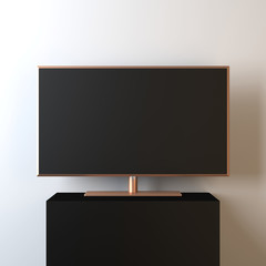 Modern Smart TV Mockup with gold metal frame and stand. 3d rendering
