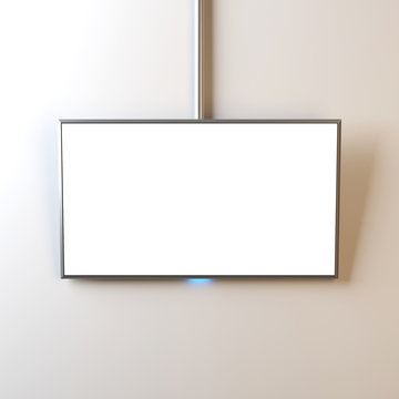 Flat Smart TV Mockup with white blank screen hanging on the tube, realistic, 3d rendering