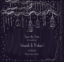 Unique vector wedding cards template. Hand drawn tree decorated with lantern, hearts, candle, garland, Christmas eve invitation Save the date. Bridal design silver texture, natural style. Illustration