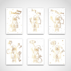 Hand drawn doodle set of Merry Christmas greetings cards. Santa Claus icons. Vector illustration. Cartoon Happy new year symbol Sketchy funny Christmas element Traditional december holiday decoration.