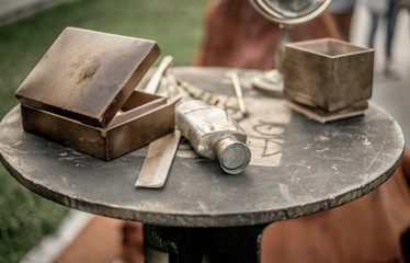 Vintage things on old wooden desk