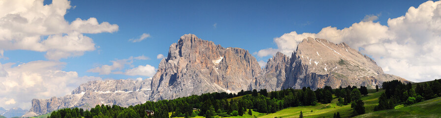 Sassolungo & Sassopiatto Mountain Group as seen from Passo Sella on a cloudy afternoon, Dolomites, Trentino, Alto Adige, Italy