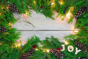 Christmas background with decorated garland border and JOY