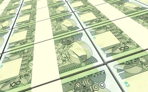 Ethiopian birr bills stacks background. 3D illustration.