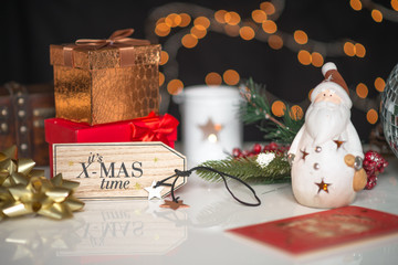 new years and christmas deco, written its xmas time on wooden board