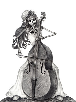 Art women skull day of the dead. Art design women skull playing  double bass Hand drawing on paper.