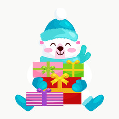 Cute Christmas bears during the winter holidays and the New Year's Eve sitting rejoice gifts. Teddy in winter clothes warm mittens, scarves and boots hat happy and joy vector illustration