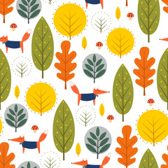 Autumn trees and fox seamless pattern on white background. Decorative forest vector illustration. Cute wild animals nature background. Scandinavian style design for textile, wallpaper, fabric, decor. - 125827531