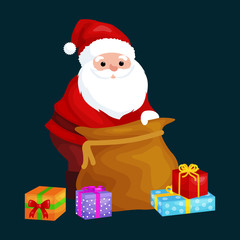 christmas Santa Claus with bag full of presents for winter holiday xmass, new year gifts vector illustration
