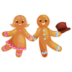 set christmas cookies gingerbread man and girl decorated with icing dancing and having fun in a cap, xmas sweet food vector illustration