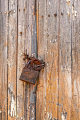 Old weathered grunge rusty locked padlock on old wooden board door, vertical view