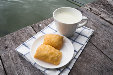 milk glasses and sweet dessert.