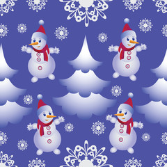 Snowman in a Santa hat. Seamless pattern. Making of textiles, tapestries, wrapping paper, tableware.