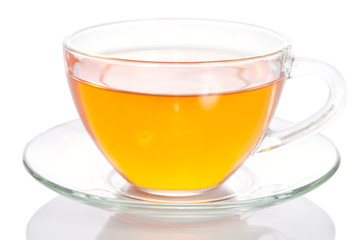 Glass cup of tea isolated on white background