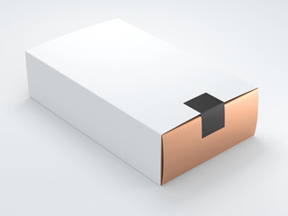Gold Box with black sticker and white Cover. 3d rendering