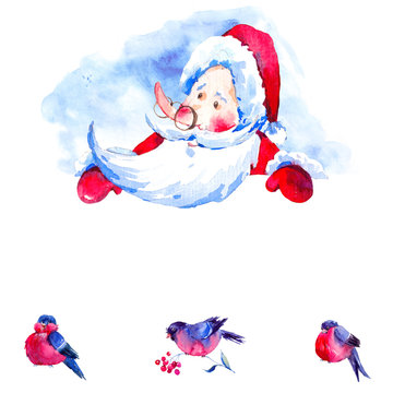 Christmas watercolor card with cute Santa Claus