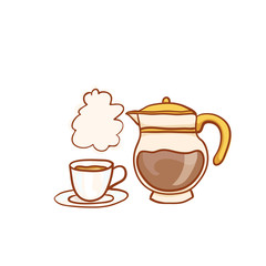 Hot coffee cup and glass pot sketchy clipart. Vector design element. Sketch for flyer, banner, ad, package, poster. Hand drawn icons, isolated on white