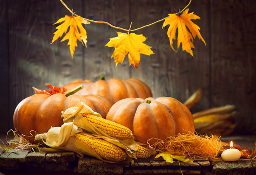 Thanksgiving Day. Autumn Thanksgiving pumpkins over wooden background