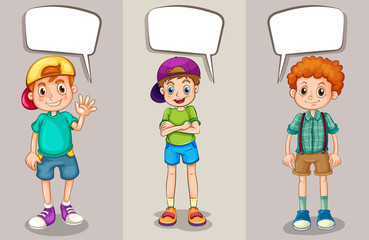 Speech bubbles design with three boys