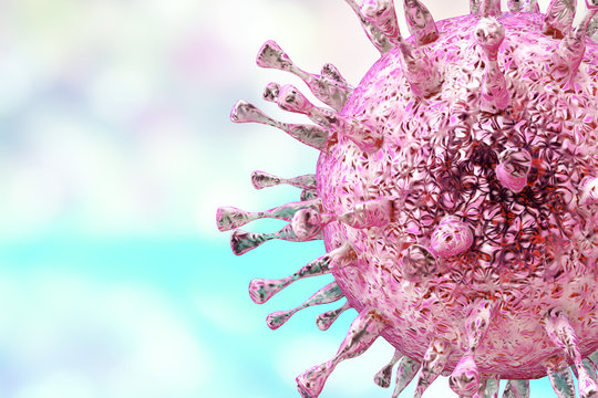 Influenza virus on colorful background showing surface glycoprotein spikes hemagglutinin and neuraminidase. 3D illustration