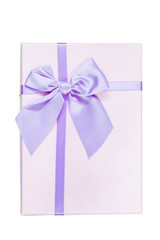 purple gift box with bow with clipping path top view isolated on