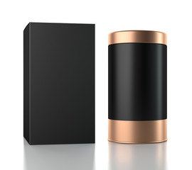 Black aluminum Can with cardboard Box mockup. Canned packaging with gold lid for tea, coffee, gift box. 3d rendering