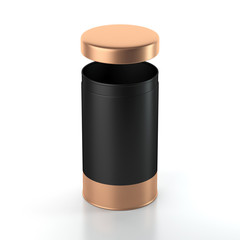 Black aluminum Can mockup with open gold lid. Canned packaging for tea, coffee, gift box. 3d rendering