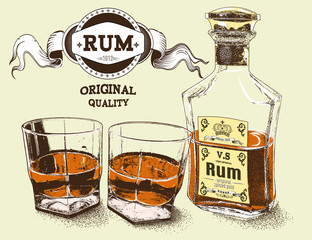 Two stemware of rum with bootle - obrazy, fototapety, plakaty