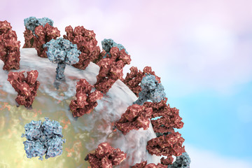 Influenza virus on colorful background showing surface glycoprotein spikes hemagglutinin and neuraminidase. 3D illustration