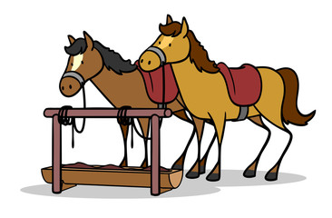 Cartoon Pferde vor Trog mit Futter