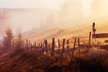 Colorful autumn landscape scene with fence in Transylvania