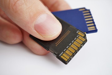 Male hand holding isolated plastic blue and black compact memory cards (SD card - Secure Digital...